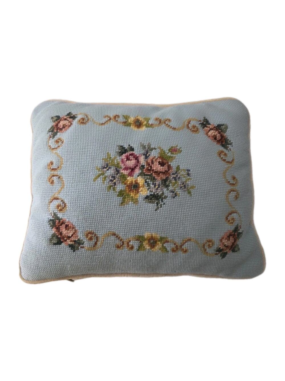 Vintage Floral Needlepoint And Velvet Pillow Light Blue Cottage Victorian